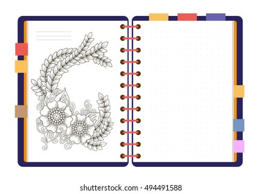 Flat design opened notepad with bookmarks and isolated on white background whit place for text in top view. Sketchbook, diary mockup. Vector illustration.