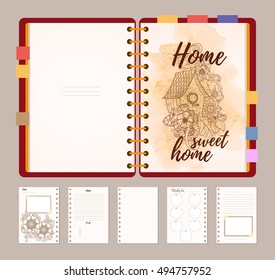 Flat design opened notepad with bookmarks and isolated on white background whit place for text in top view. Sketchbook, diary mockup. Vector illustration.