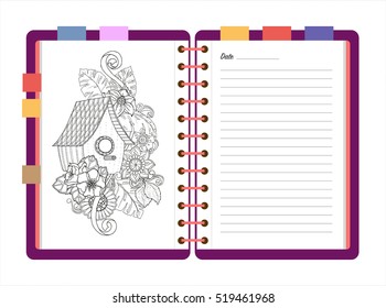 Flat design opened notepad with bookmarks and isolated on white background whit place for text in top view. Sketchbook, diary mockup. Vector illustration.