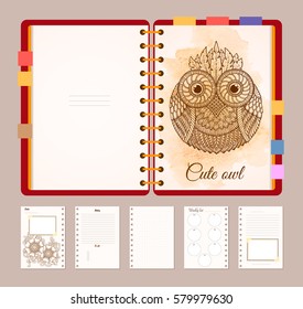 Flat design opened notepad with bookmarks and isolated on white background whit place for text in top view and cute owl illustration. Sketchbook, diary mockup.