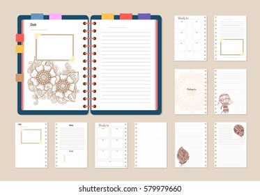 Flat design opened notepad with bookmarks and isolated on white background whit place for text in top view. Sketchbook, diary mockup. Vector illustration.