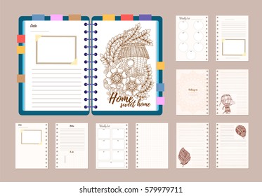 Flat design opened notepad with bookmarks and isolated on white background whit place for text in top view. Sketchbook, diary mockup. Vector illustration.