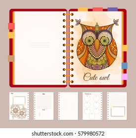 Flat design opened notepad with bookmarks and isolated on white background whit place for text in top view and cute owl illustration. Sketchbook, diary mockup.