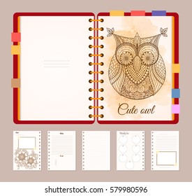 Flat design opened notepad with bookmarks and isolated on white background whit place for text in top view and cute owl illustration. Sketchbook, diary mockup.