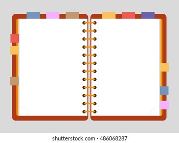 Flat design opened notepadwith bookmarks and isolated on white background whit place for text in top view. Sketchbook or diary mockup. Vector illustration.