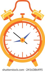 Reloj de alarma naranja de diseño plano con manos azules. Gráfica simple y moderna de reloj despertador. Ilustración vectorial de puntualidad y gestión del tiempo.
