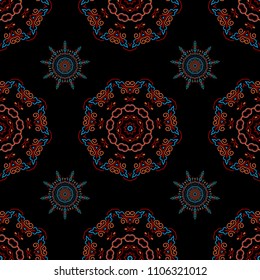 Flat design of orange, blue and red snowflakes isolated on black background. Snowflakes pattern. Snowflake seamless pattern. Vector snowflakes background.