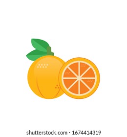 Flat design Orange fruit with leaf and slice isolated on white background. Vector illustration. 