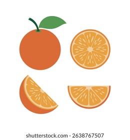 Flat Design Orange Fruit Set Whole, Halved, Sliced Citrus Vector Illustration