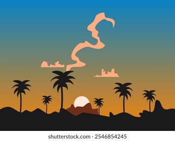 Flat design orange sunset in the blue sky vector illustration