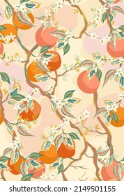 Flat design of oranges and leaves, seamless pattern, ecru background. Beautiful hand drawn texture with romantic background for web pages, wedding invitations, textiles, wallpaper.