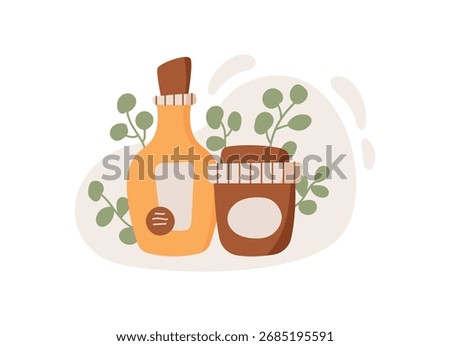 Flat design of organic cosmetic bottle and jar with cream and lotion. Simple natural skincare products with eco appeal. Concept of beauty, bodycare, hygiene, suitable for promotional materials.
