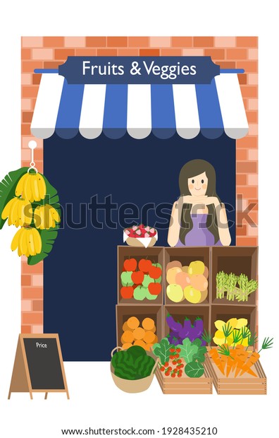 Flat\
design of organic fresh fruits and vegetables\
store.