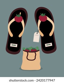 Flat Design Organic Illustration with Flip Flops, Shopping Bag at Tomato, Sale Tag	