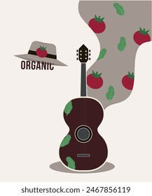 Flat Design Organic Illustration with Guitar at Tomato, Lettuce Background