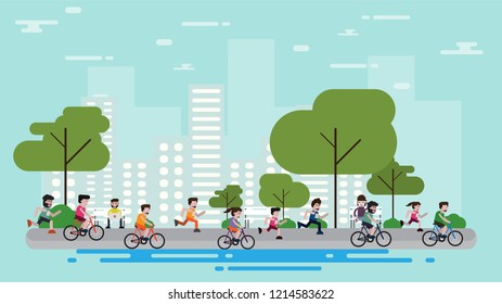 Flat design outdoor park with exercise people