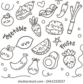 diseño plano contorno lindo kawaii fruta y verdura doodle dibujo ilustración