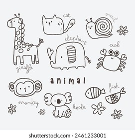 flat design outline cute kawaii animal doodle drawing illustration