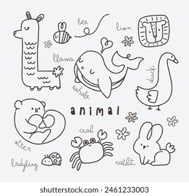 flat design outline cute kawaii animal doodle drawing illustration