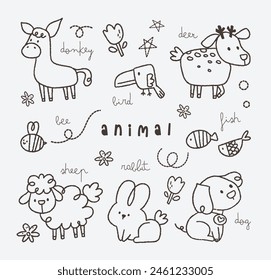 flat design outline cute kawaii animal doodle drawing illustration