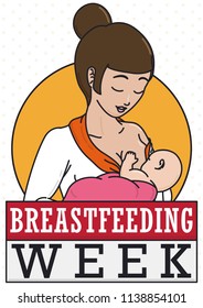 Flat design with outlines presenting a loving mom carrying her baby celebrating World Breastfeeding Week with greeting like loose-leaf calendar.
