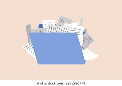 Flat design of overwhelm work, overwhelming business tasks vector, many files in a folder vector, flat design of files and folder vector, too much work, information datacenter vector.