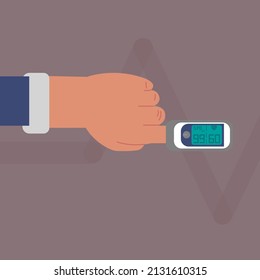 flat design Oximeter on finger. Measurement of pulse and saturation of blood with oxygen.Pulse Oximeter Medical equipment. Flat cartoon vector illustrati