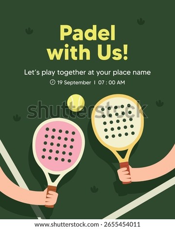 Flat Design Padel Invitation Play Together Poster Template, Hand Holding Racket Illustration