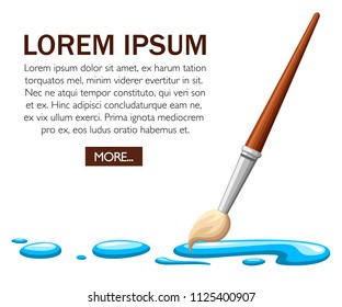 Flat design paintbrush with blue dye. Wooden handle. Vector illustration on white background. Concept design for website or advertising.