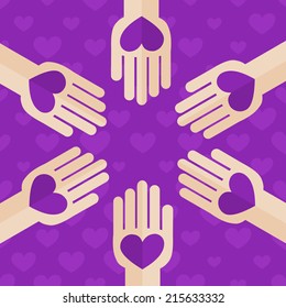Flat Design Palms in Circle. Hands Holding Purple Heart Vector Illustration