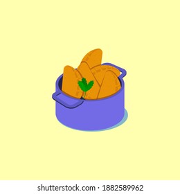 Flat design of a pan with angu pastel. Cheese and meat flavour. Typical brazilian food from Minas Gerais.