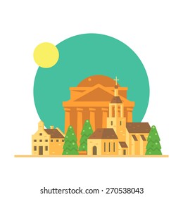 Flat design of Pantheon Italy with village illustration vector