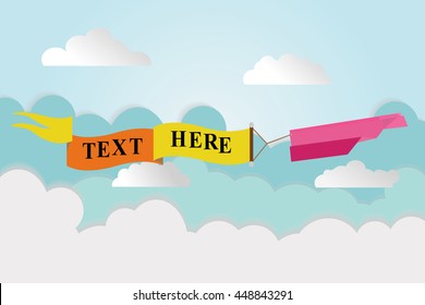 Flat design, Paper airplane flying in the sky with clouds background.