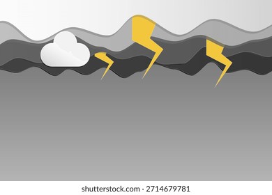 Plano Design Papel Corte Estilo Thunderstorm Fundo, Céu escuro ondulado estilizado com Raios e Nuvem, Ilustração de Vetor de Conceito Meteorológico, Stress and Challenge Environment Concept.