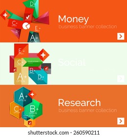 Juego de banner de papel plano para la infografía.  Diseños de color con algunos elementos geométricos y de texto empresarial