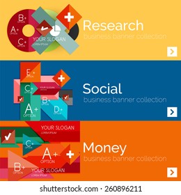 Juego de banner de papel plano para la infografía.  Diseños de color con algunos elementos geométricos y de texto empresarial