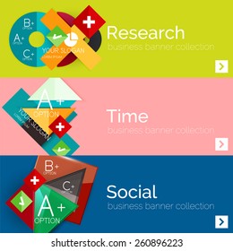 Juego de banner de papel plano para la infografía.  Diseños de color con algunos elementos geométricos y de texto empresarial