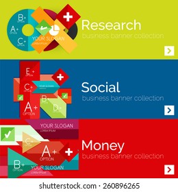 Juego de banner de papel plano para la infografía.  Diseños de color con algunos elementos geométricos y de texto empresarial