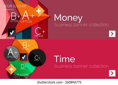 Juego de banner de papel plano para la infografía.  Diseños de color con algunos elementos geométricos y de texto empresarial