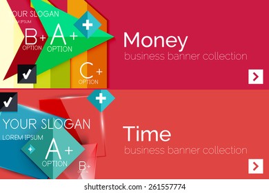 Juego de banner de papel plano para la infografía.  Diseños de color con algunos elementos geométricos y de texto empresarial