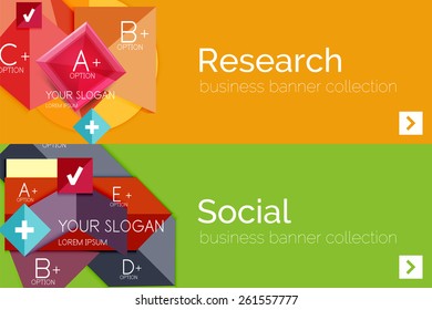 Juego de banner de papel plano para la infografía.  Diseños de color con algunos elementos geométricos y de texto empresarial
