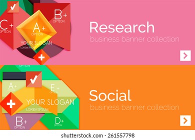 Juego de banner de papel plano para la infografía.  Diseños de color con algunos elementos geométricos y de texto empresarial