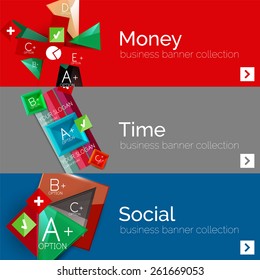 Flachdesign-Papier-Infografik-Banner-Set.  Farblayouts mit einigen Geschäftstexten und geometrischen Elementen