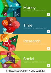 Juego de banner de papel plano para la infografía.  Diseños de color con algunos elementos geométricos y de texto empresarial