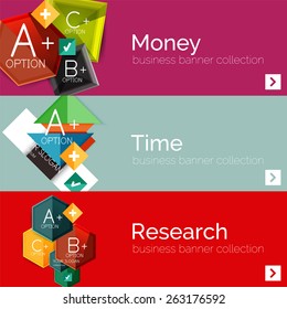 Juego de banner de papel plano para la infografía.  Diseños de color con algunos elementos geométricos y de texto empresarial