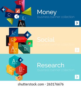 Juego de banner de papel plano para la infografía.  Diseños de color con algunos elementos geométricos y de texto empresarial