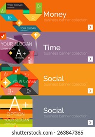 Conjunto de banner infográfico de papel de design plano.  Layouts de cores com alguns elementos geométricos e de texto comercial