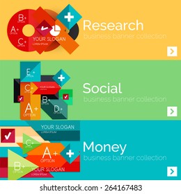 Conjunto de banner infográfico de papel de design plano.  Layouts de cores com alguns elementos geométricos e de texto comercial