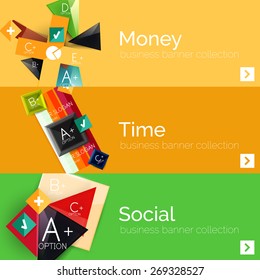 Juego de banner de papel plano para la infografía.  Diseños de color con algunos elementos geométricos y de texto empresarial