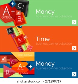 Juego de banner de papel plano para la infografía.  Diseños de color con algunos elementos geométricos y de texto empresarial